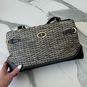Etienne Aigner Woven Straw Shoulder Handbag Purse Black & White Medium Size Bag
